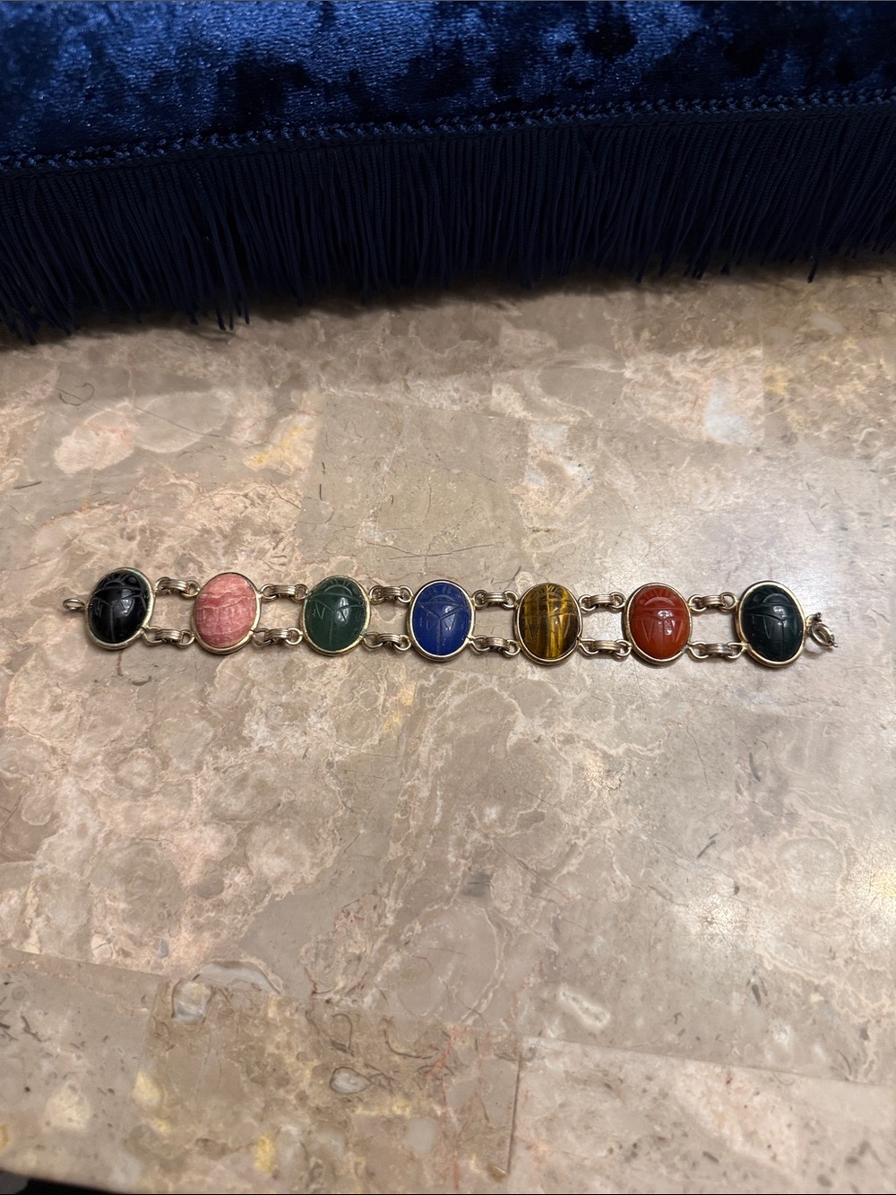 Vintage 1950s genuine, semi precious stone, gold tone, scarab bracelet